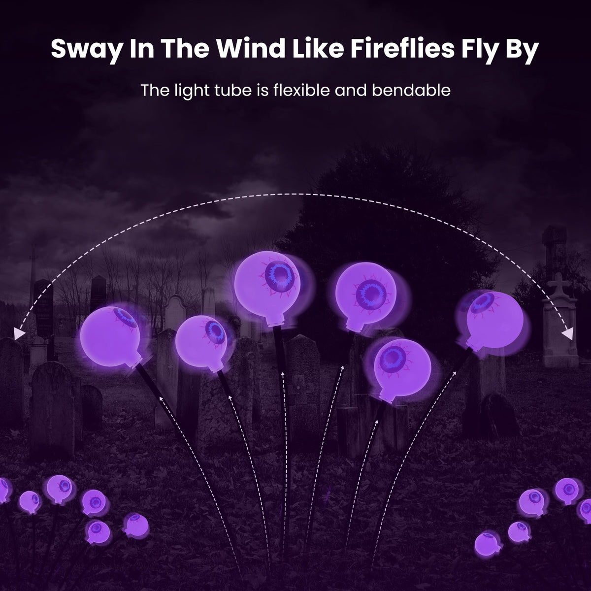 Twelve LED solar eyeball lights illuminated in a dark garden
