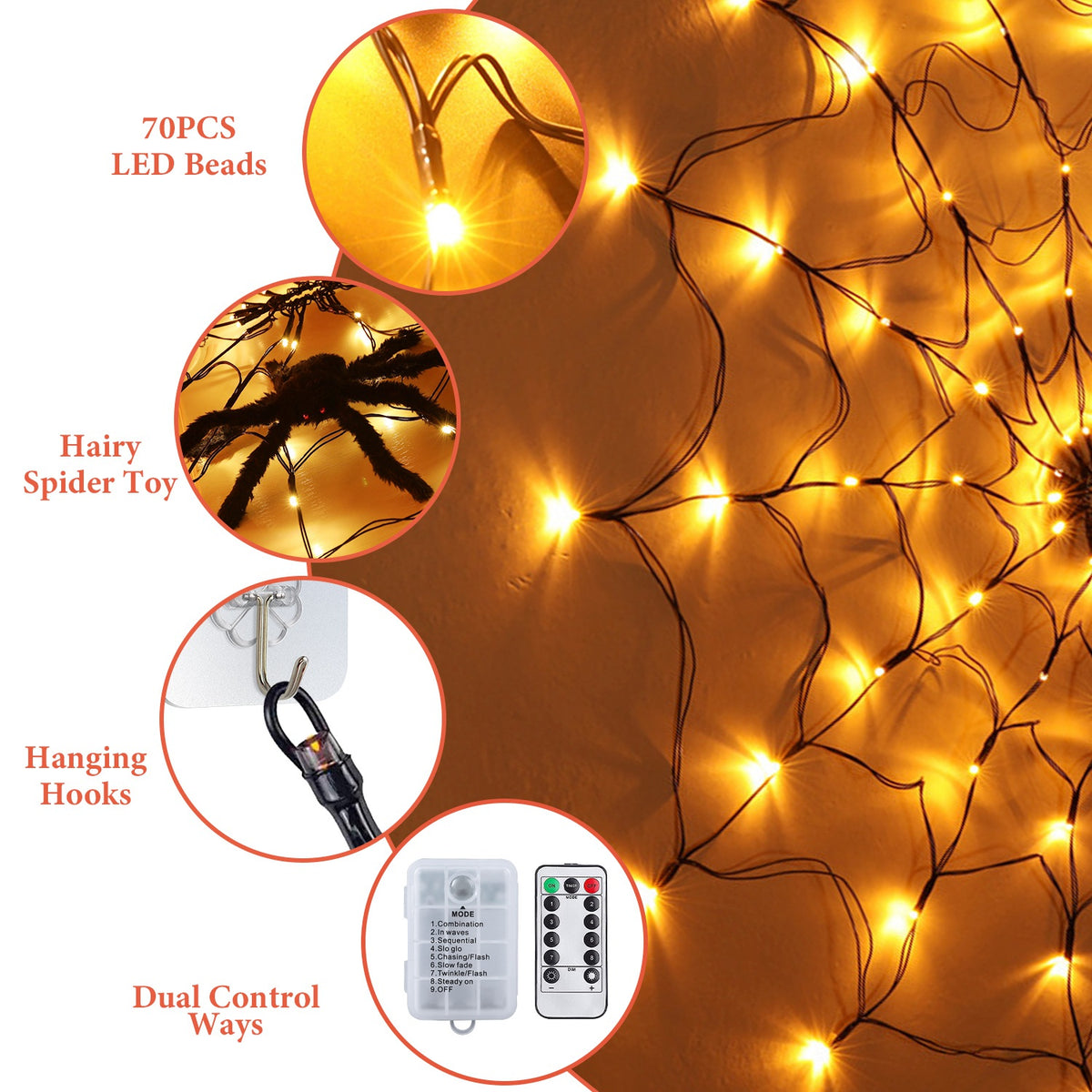 Battery powered spider web light shown indoors on a living room wall