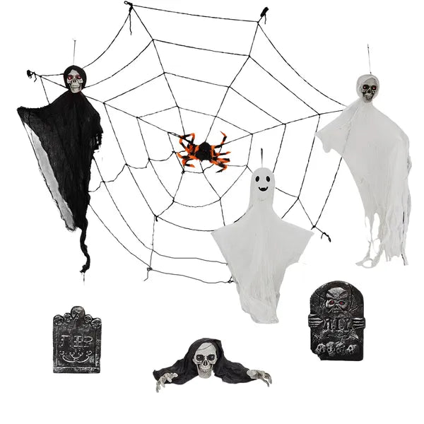 Eight piece outdoor Halloween yard decoration set displayed on a lawn