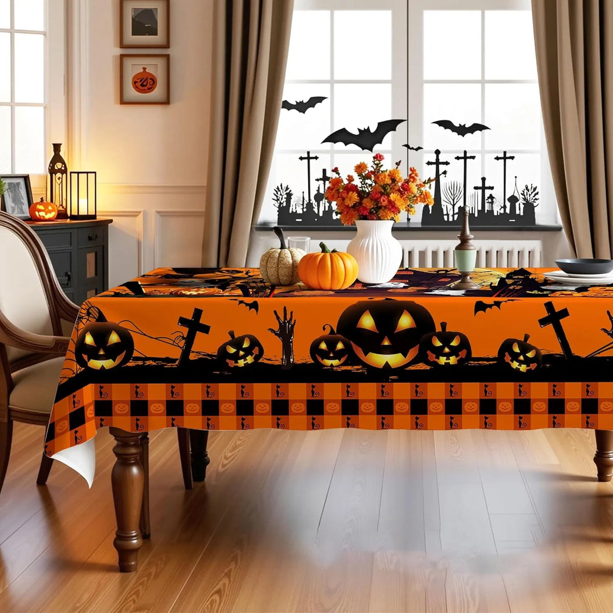 Halloween table cloth shown draped over a long buffet table