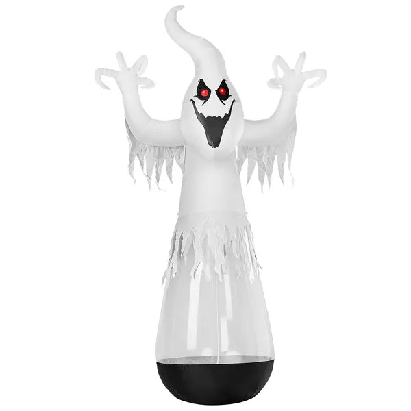 12 foot inflatable white ghost lit up on a front lawn at night