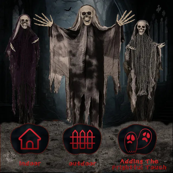 Skeleton ghost decoration shown against a doorway for scale