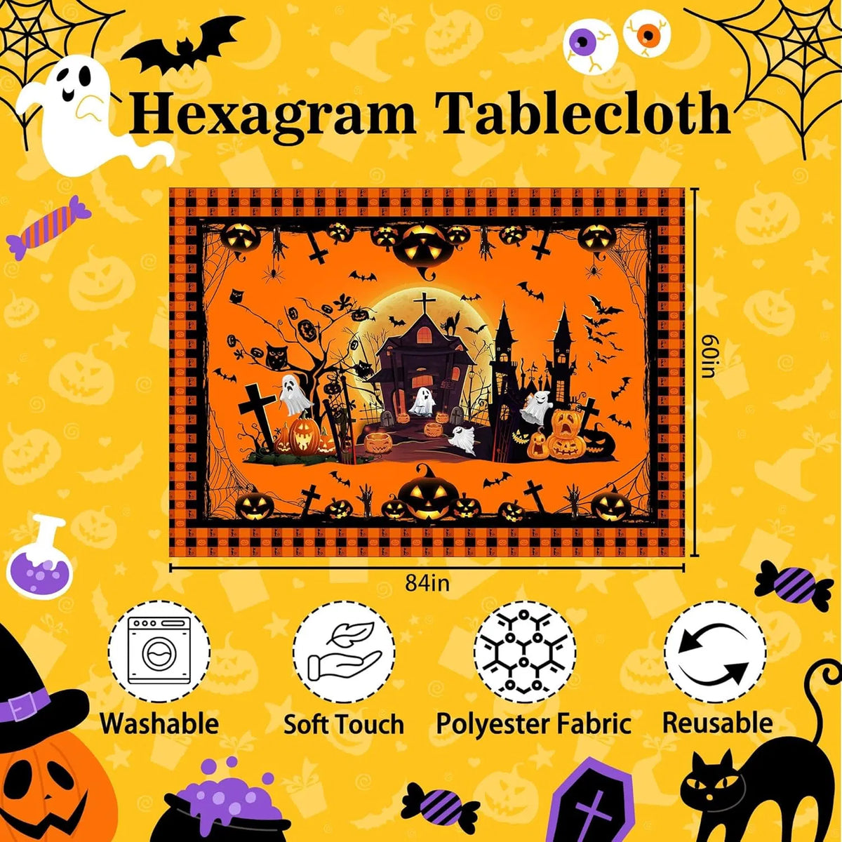 Fabric texture detail of the pumpkin and ghost tablecloth
