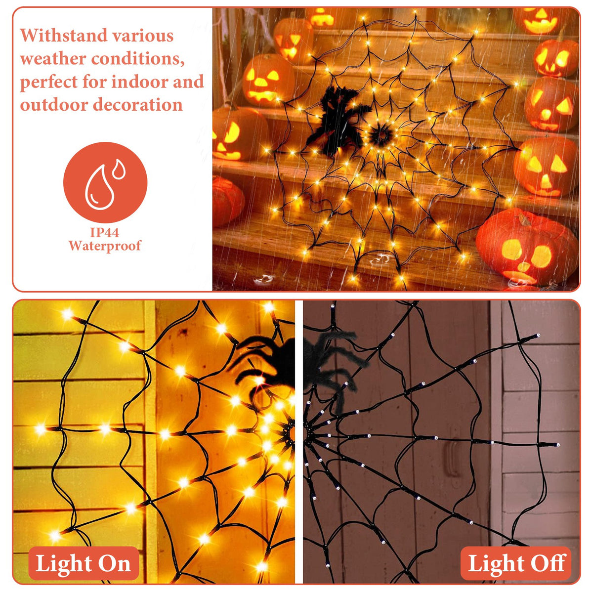 70 LED spider web decoration spread across a corner wall