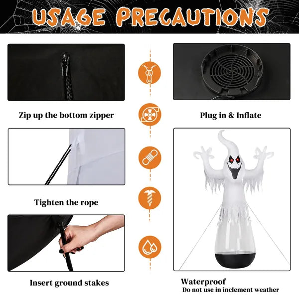Inflatable ghost decoration shown with its stage light and blower