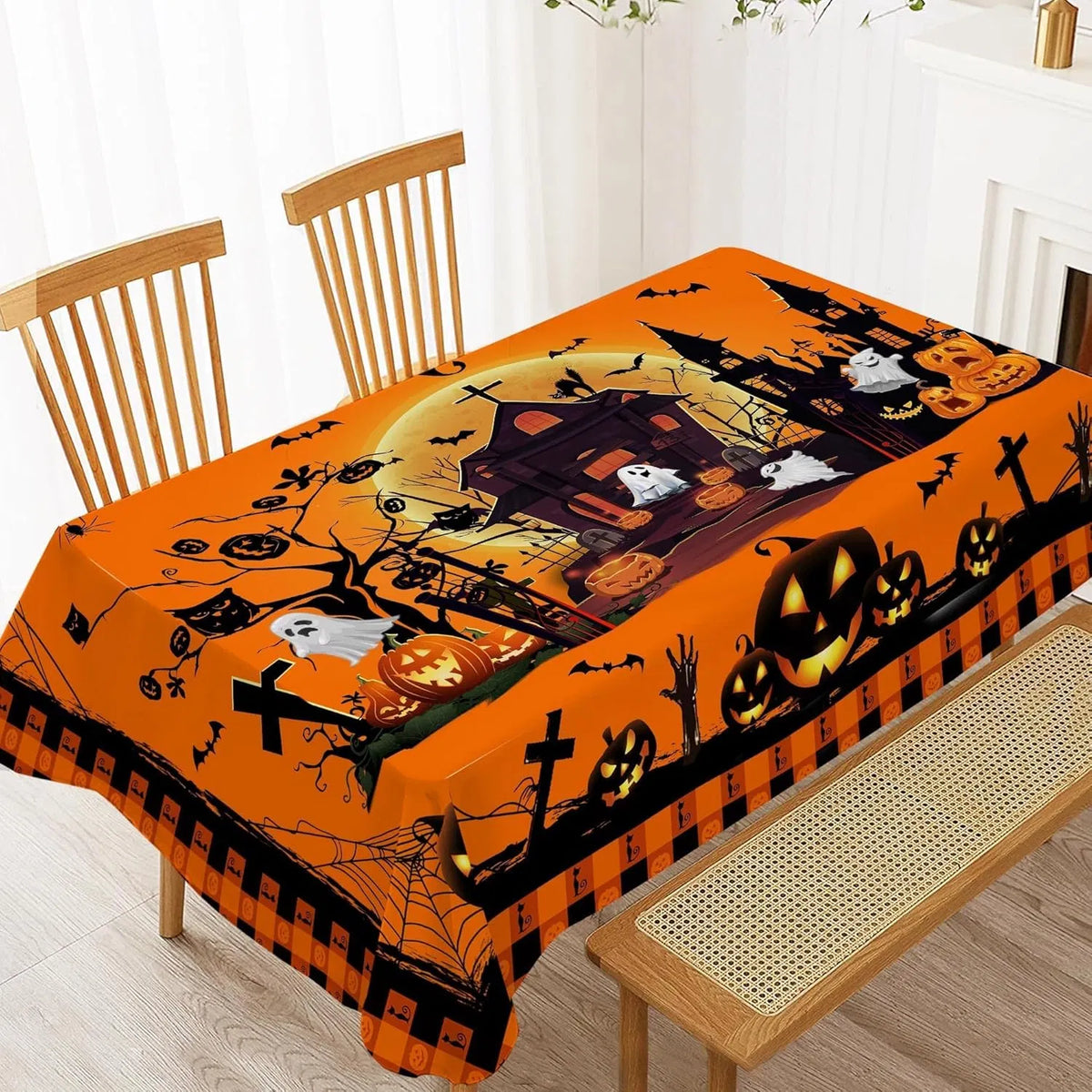 Close-up of the castle and ghost print on the Halloween tablecloth