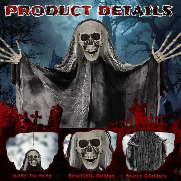 Hanging skeleton ghost swaying in the wind on an outdoor Halloween display