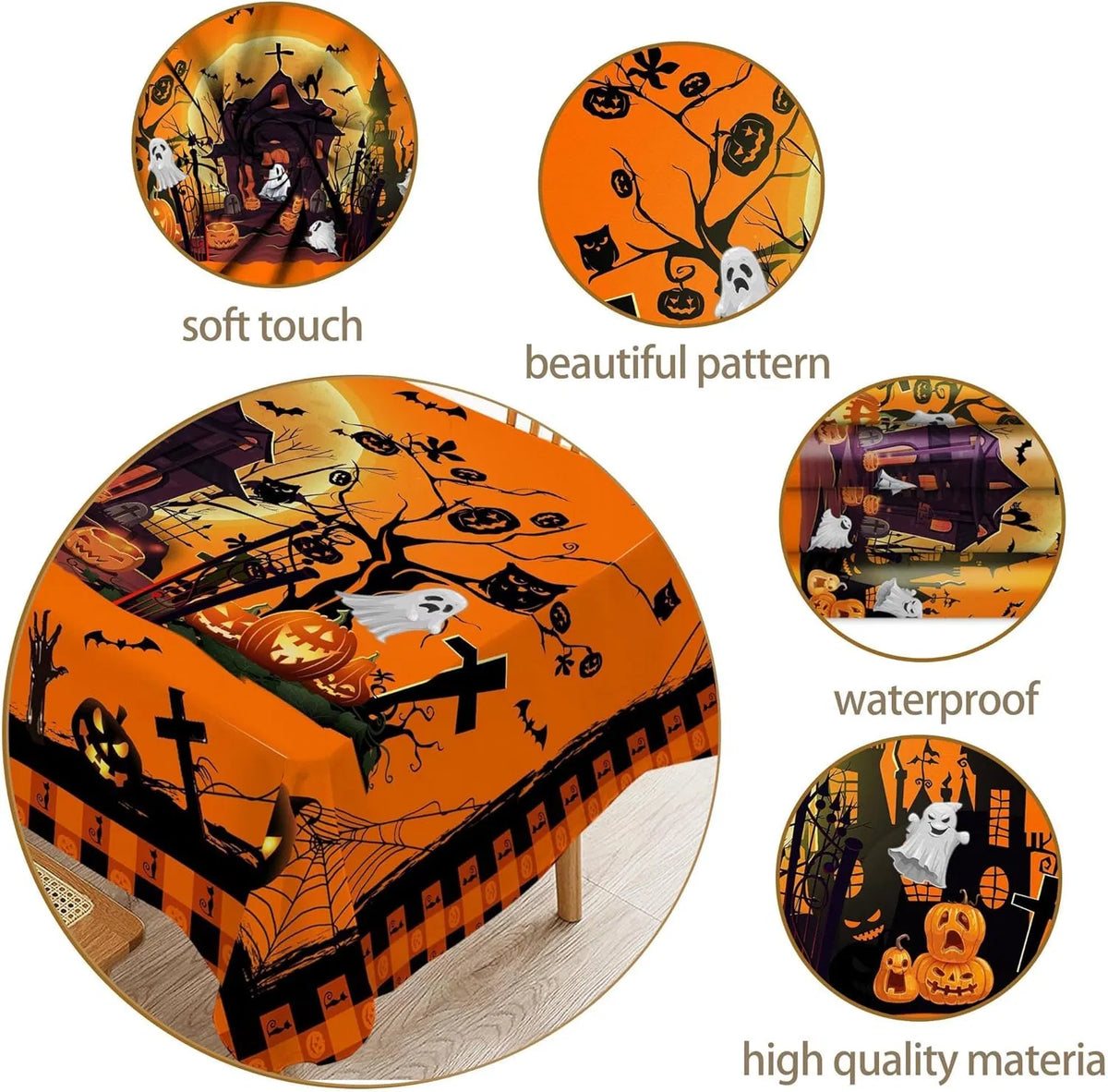 Halloween tablecloth styled with candles and party decorations