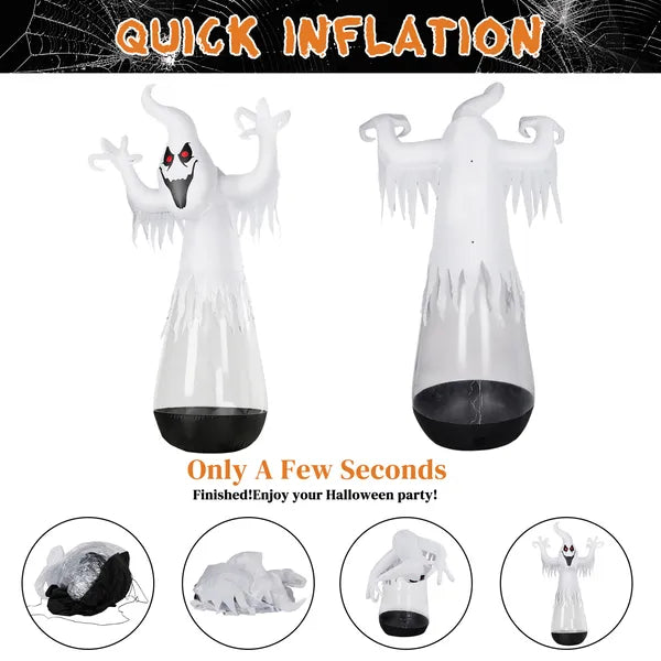 Clear PVC inflatable ghost towering over a two-story house