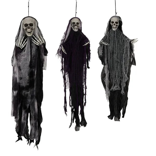 Three-pack of hanging Halloween skeleton grim reapers laid out