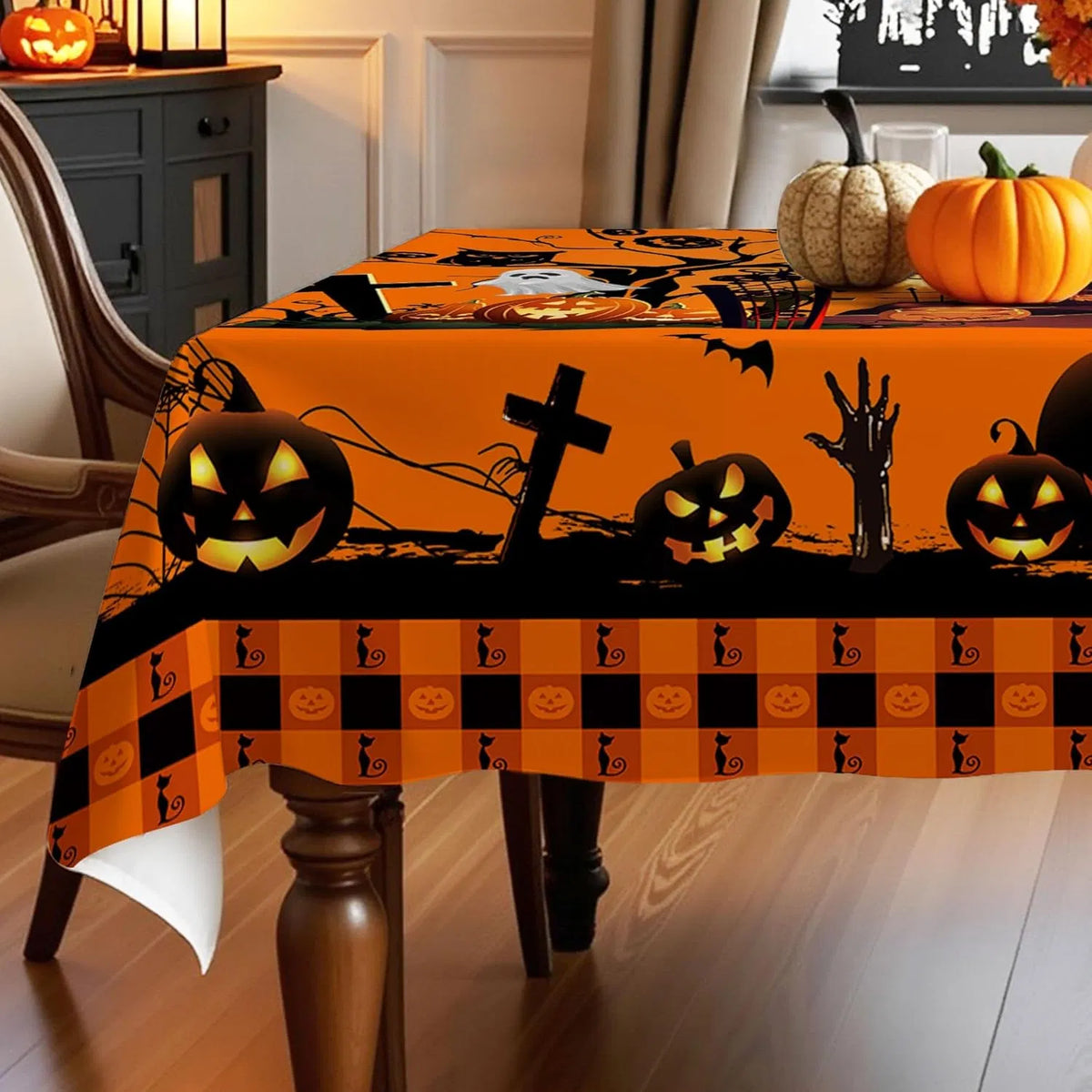 Size chart for the 60 by 84 inch and 60 by 120 inch tablecloths